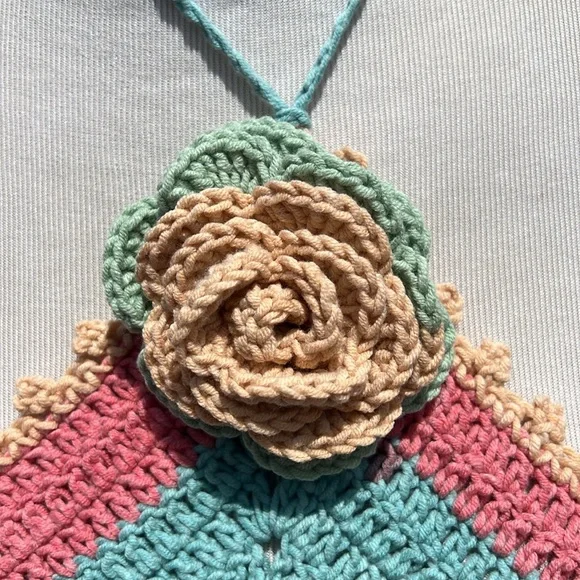 Crochet Halter Top with Floral Accent Handmade - Picture 2 of 5